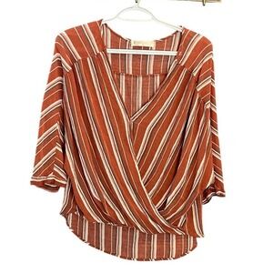Simi Sue Women's Orange Stripe Wrap V Neck 3/4 Sleeve Blouse Top Size L